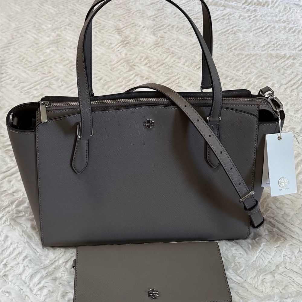 Tory Burch Gray Heron Saffiano Leather Emerson Small Zip Tote NWT + Wallet